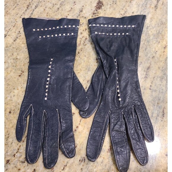 Vintage Size S 6 Black Leather Formal 10" Gloves Stitching Detail Geometric - Picture 1 of 16